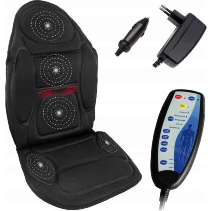 Husa scaun auto pentru masaj cu încălzire, 5 programe, negru, 13x37x41cm