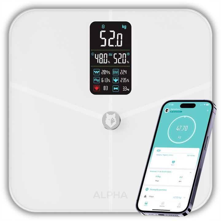 Интелигентен кантар Alpha Smart Scale Pro, анализ на телесния състав, Bluetooth връзка, 30x30x2,5см
