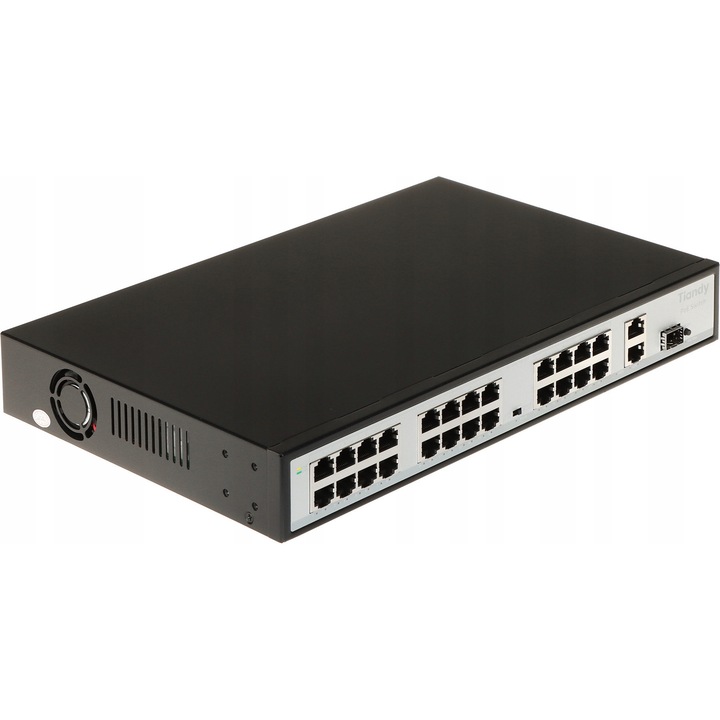 Tiandy 24 portos PoE switch, 10/100 Mb/s, grafit, asztali, 320x208x45mm