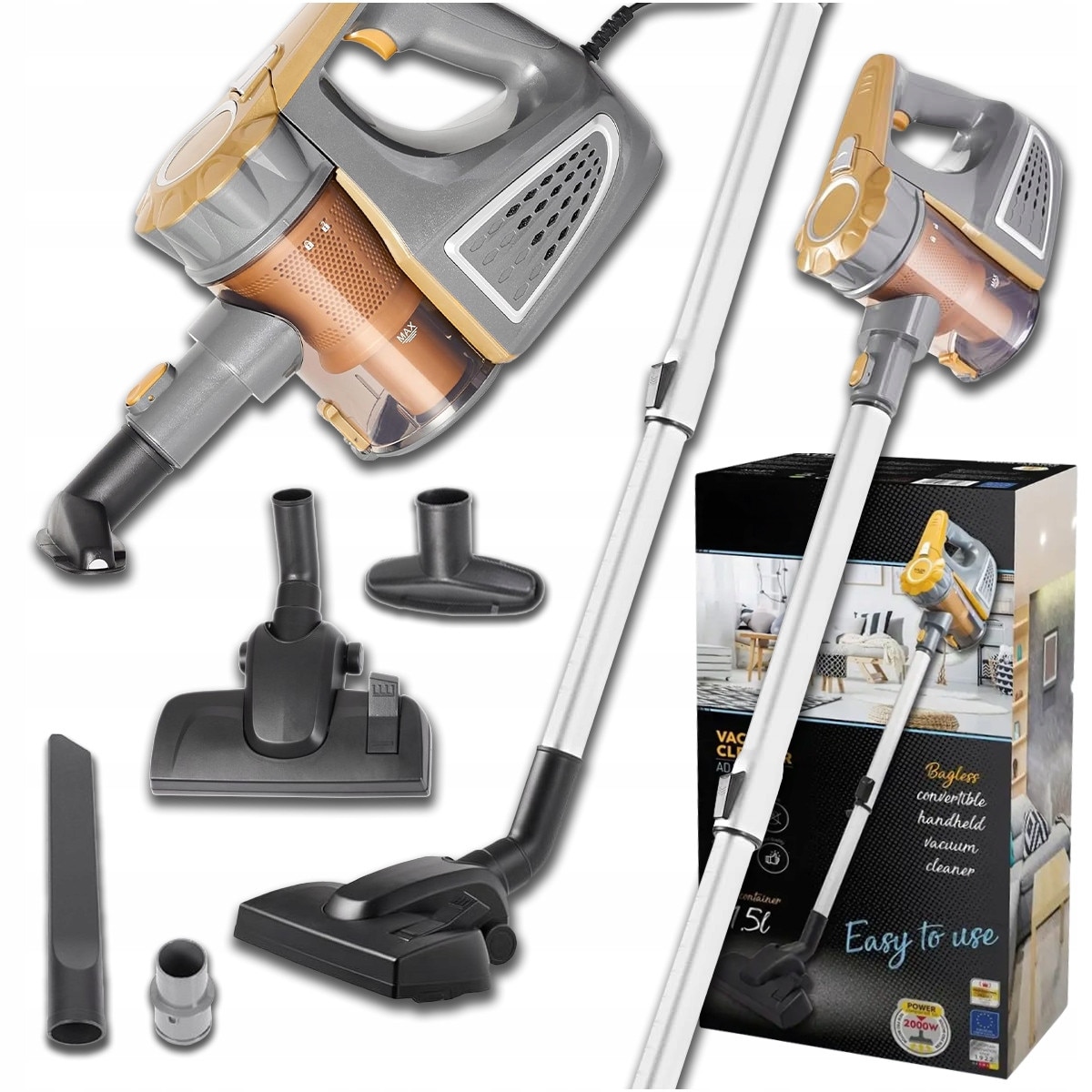 Aspirator vertical 800W cu 3 accesorii, filtru din plastic, capacitate 1,5L, 620cm