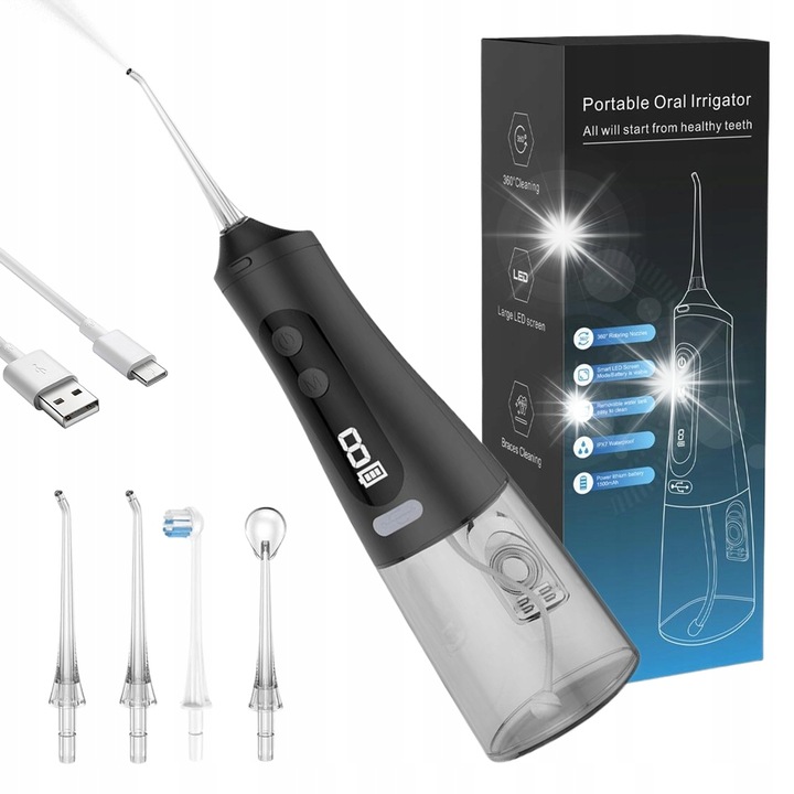 Hordozható szájzuhany, 350ml, 9 üzemmód, 4 fej, IPX7