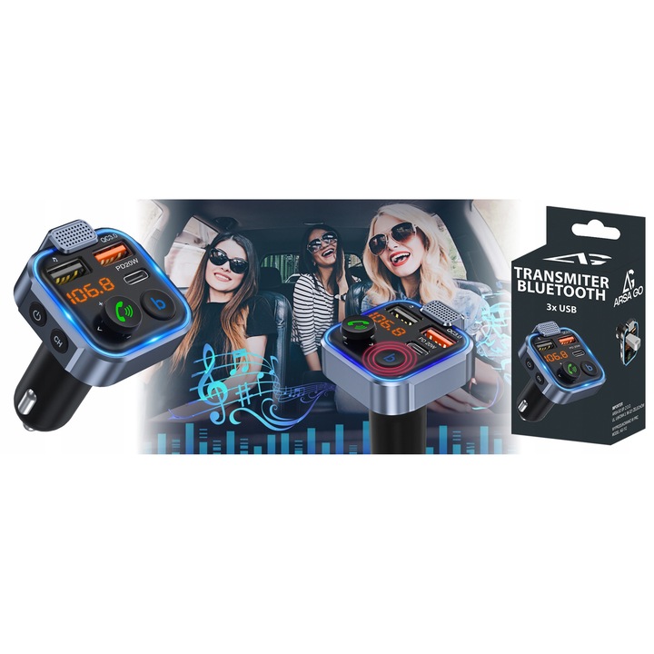 Autós Bluetooth adó, ARSA GO, 3x USB, gyorstöltés, beépített mikrofon, 12-24V