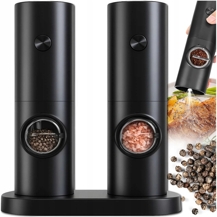 Rasnita electrica pentru condimente MEMFLOW, set 2 bucati, design modern, negru, 19,6x5,2cm