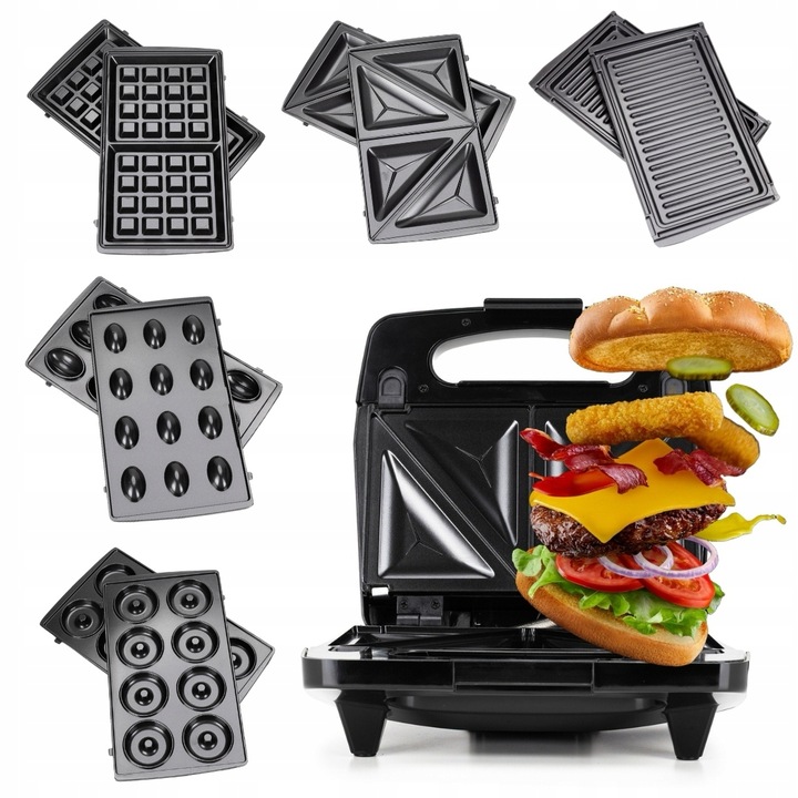 Sandwich-maker 5-in-1, Kamille, 800W, negru, dimensiuni compacte