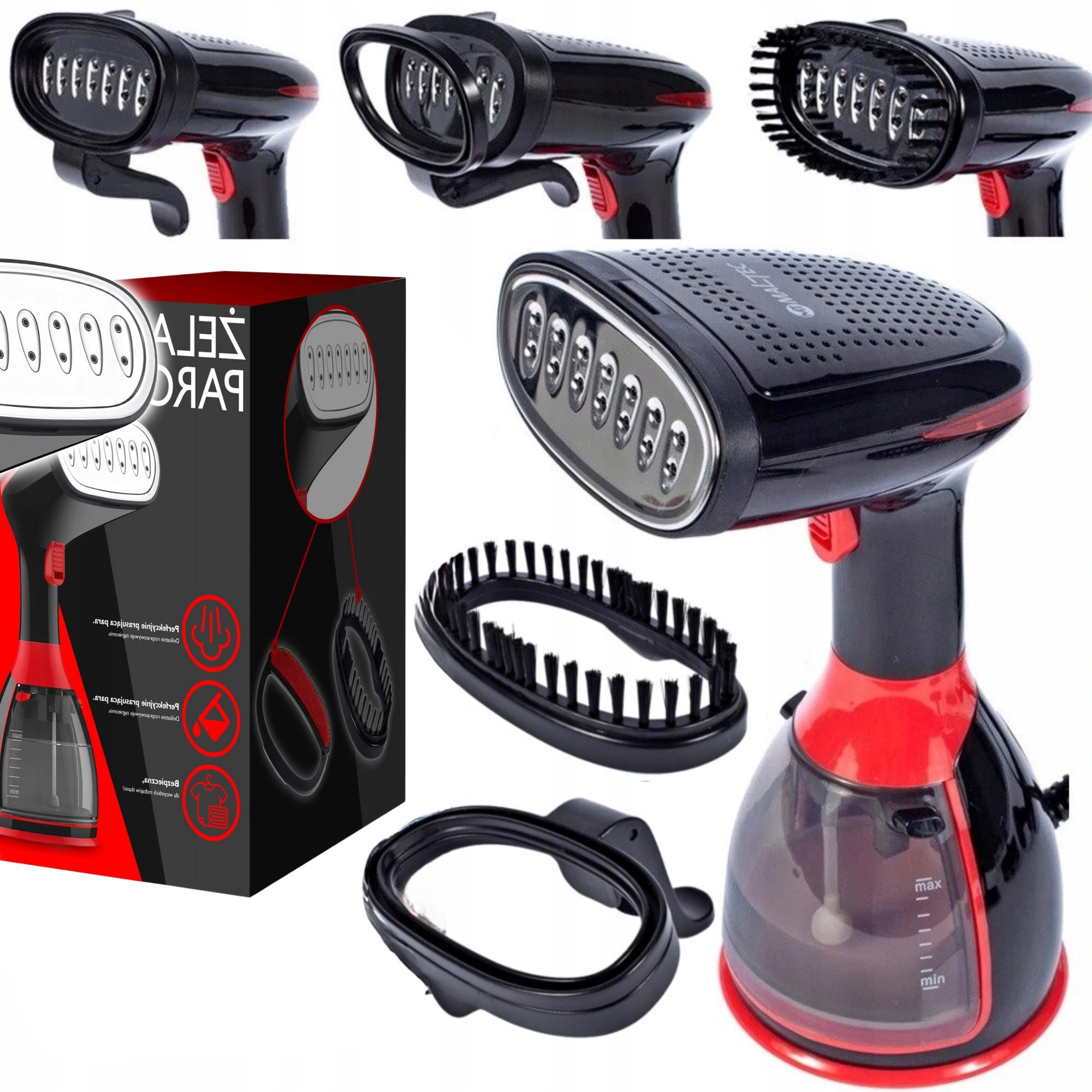 Aparat de calcat 7in1 pentru imbracaminte, 1500W, accesorii incluse, negru-rosu, dimensiuni 28x11x13cm