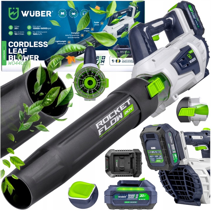 Dmucha electrica Wuber Share + System 20V, 160 km/h, 10 m/min, set cu acumulator 4.0 Ah