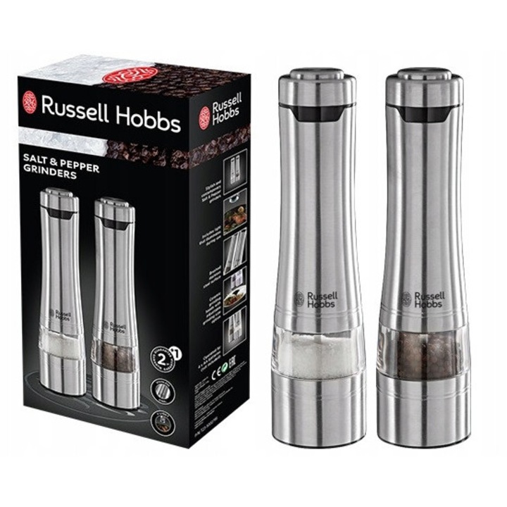 Set 2x Rasnite electrice pentru sare si piper Russell Hobbs, inox, cu iluminare, reglare grosime mlenire