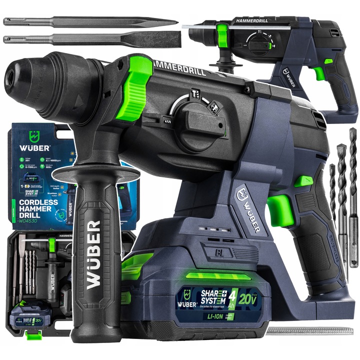 Wuber Fúrókalapács, 2 J, 1100 ford/perc, komplett készlet, SDS, 20V, 3 kg