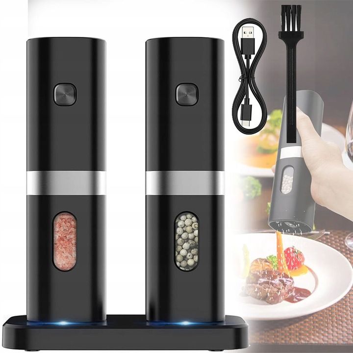 Комплект от 2 електрически мелачки за сол и пипер, елегантен дизайн, неръждаемо стъкло, размери 51x53x178mm