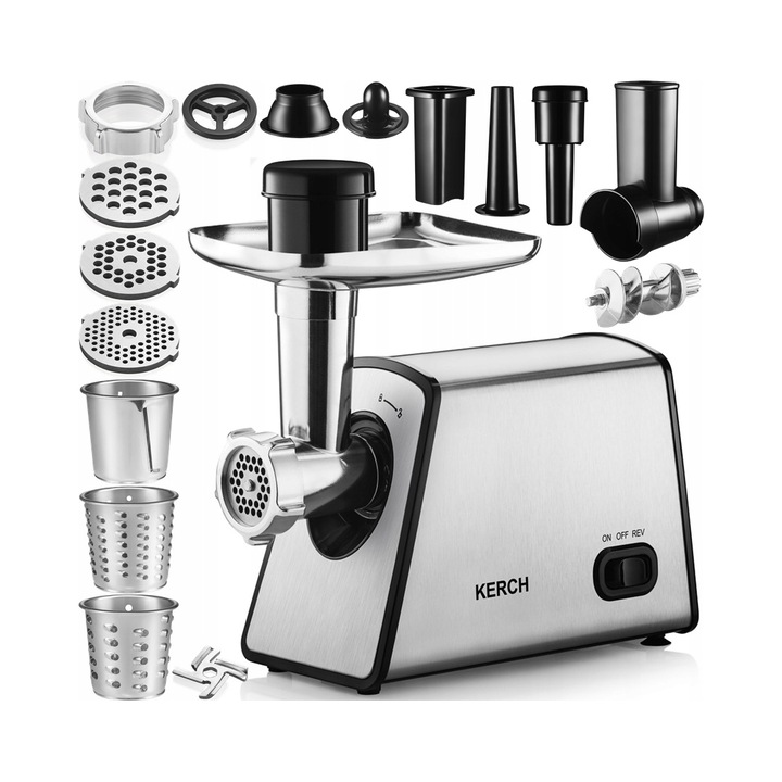 Masa de tocat Kerch Omega, 1900W, metalica, functie revers, set cu accesorii de macelarie, 3 site, 220-240V