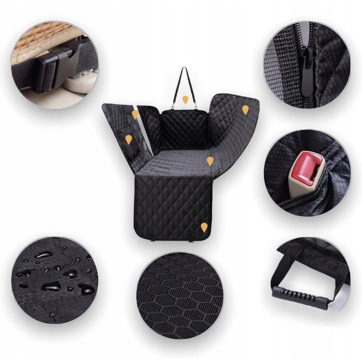 Mata pentru caini, Asato, 137x147cm, waterproof, neagra, set cu 2 curele de prindere