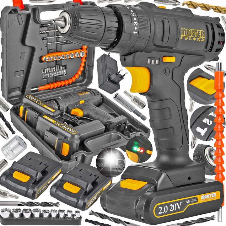 Акумулаторна бормашина и винтоверт, 20V, 2 батерии, комплект, многоцветен