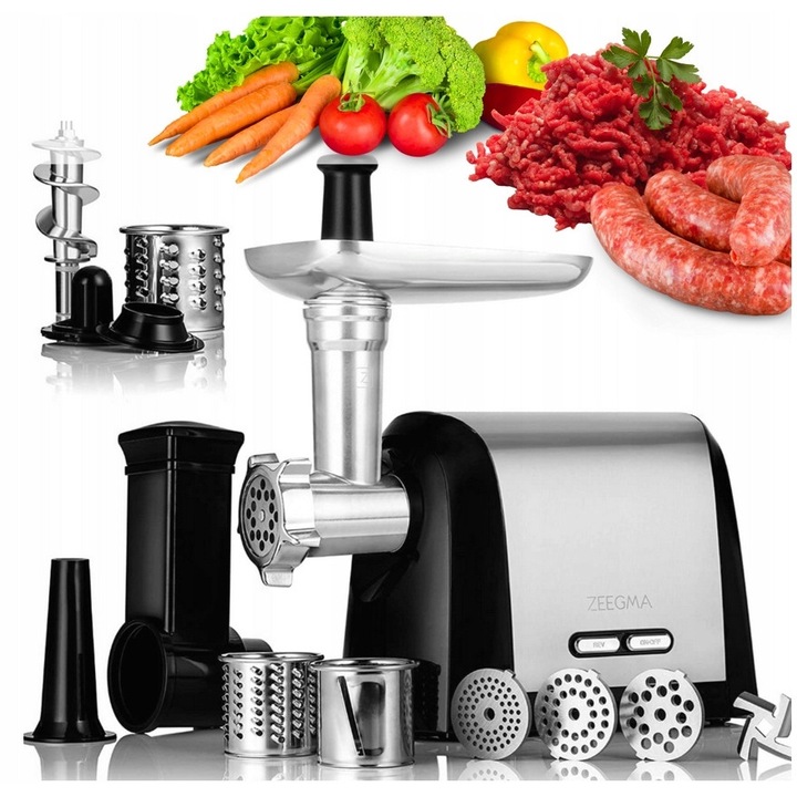 Masina de tocat Zeegma Molen Chef 1900W, 3kg/min, accesorii incluse, argintie