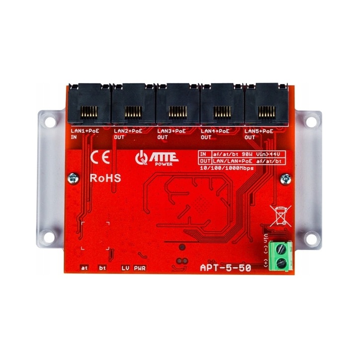 Switch PoE 5 porturi Gigabit APT-5-50, 1xPoE IN 802.3af/at/bt90, 4xPoE OUT 802.3af/at/bt, pentru monitorizare