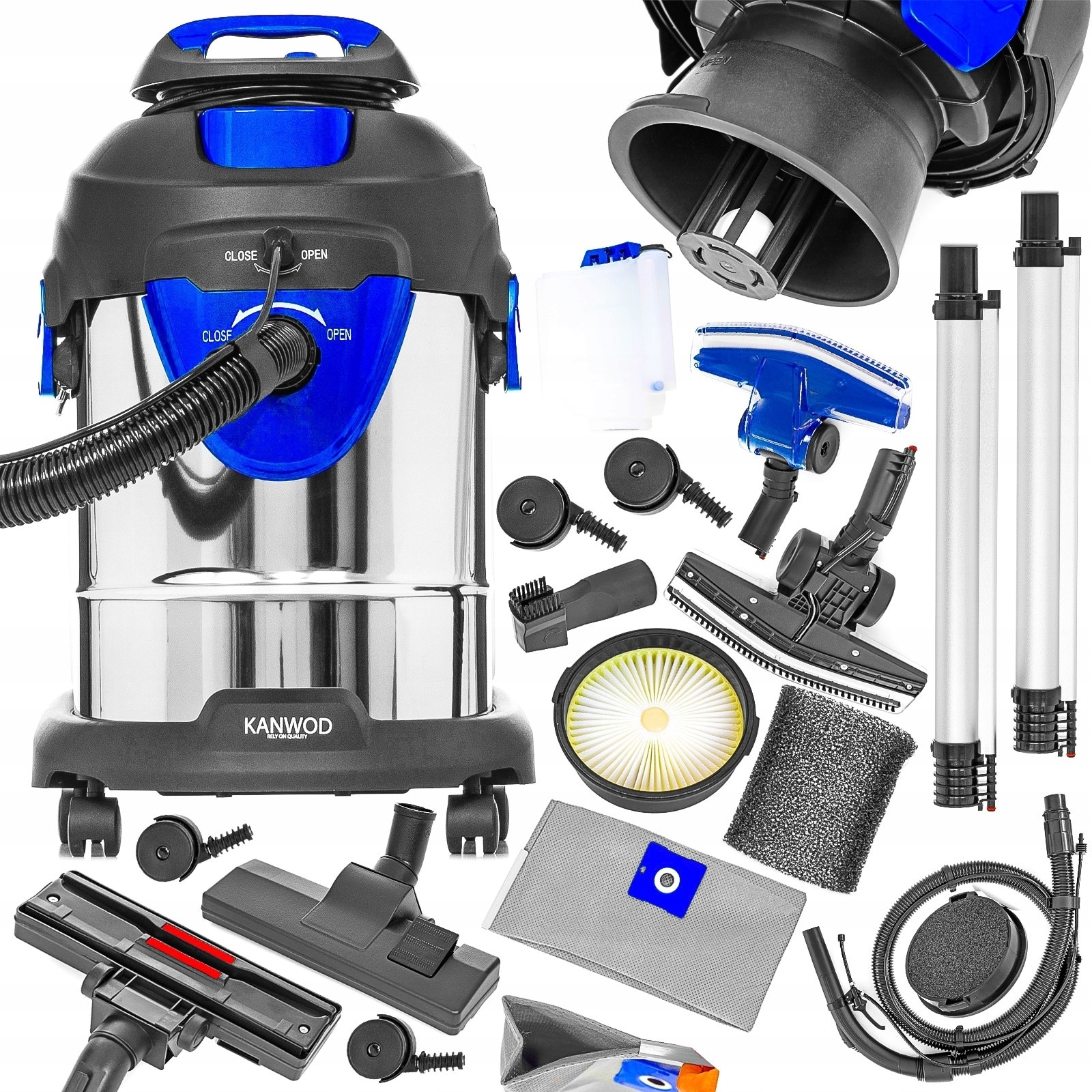 Aspirator Kanwod Super Wash, 2000W, 20L, argintiu/gri, set complet accesorii