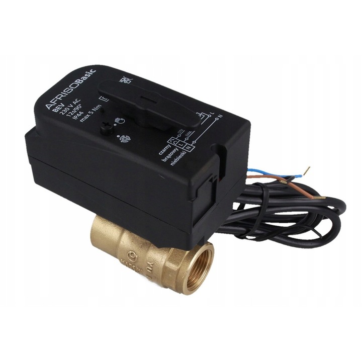 Afriso 2-utas golyóscsap, DN20, 3/4", 230 V, alaphelyzetben zárt, IP44, méretek 46,8x20x68mm