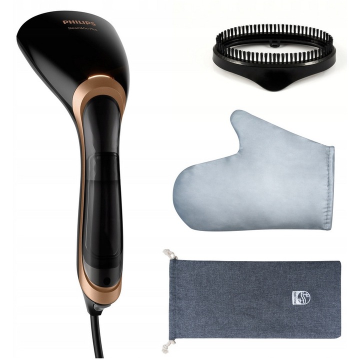 Steamer de imbracaminte Philips Steam&Go, 1300W, negru-auriu, 2 in 1, cu manusa si perie