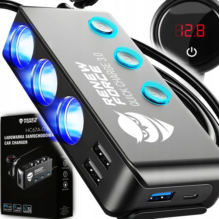 Autós tápelosztó 12-24V, 4xUSB, többszínű