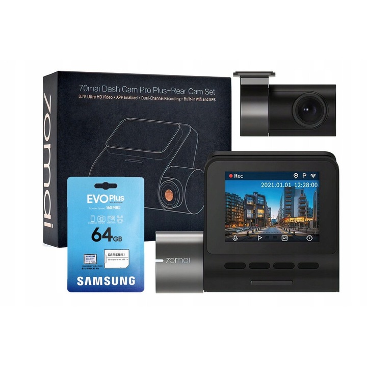 Camera auto DVR 70mai A500S, camera spate RC06, set cu card Samsung 64Gb