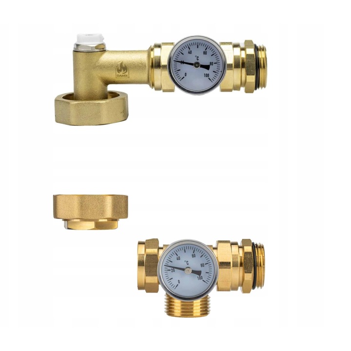 Grupa mixta pentru distribuitor de incalzire in pardoseala, DAMIX, 1", 95C, cu 2 termometre, din alama nichelata