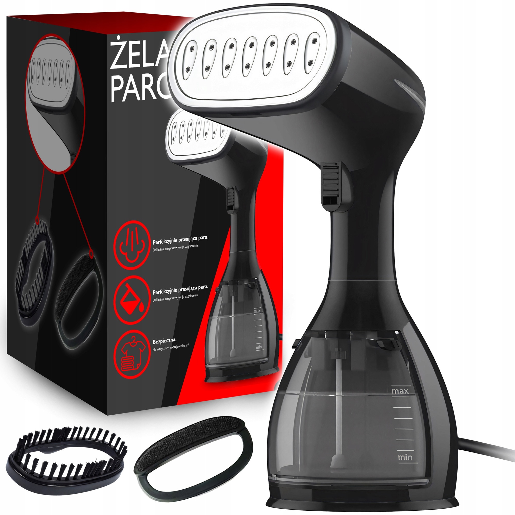 Parownica pentru imbracaminte Retoo 1500W 7 in 1, negru-rosu, rezervor 280 ml, accesorii incluse