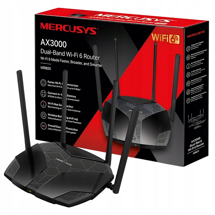 Router wireless Mercusys MR80X, WiFi 6, 3 Gb/s, dual-band, 4 antene, 41,7x208,8x171,6mm