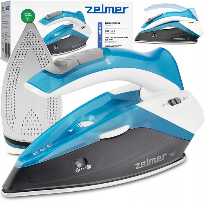 Fier de calcat portabil Zelmer ZIR0500 Trip 1100W, abur continuu 15 g/min, maxim 75 g, albastru, 60 ml