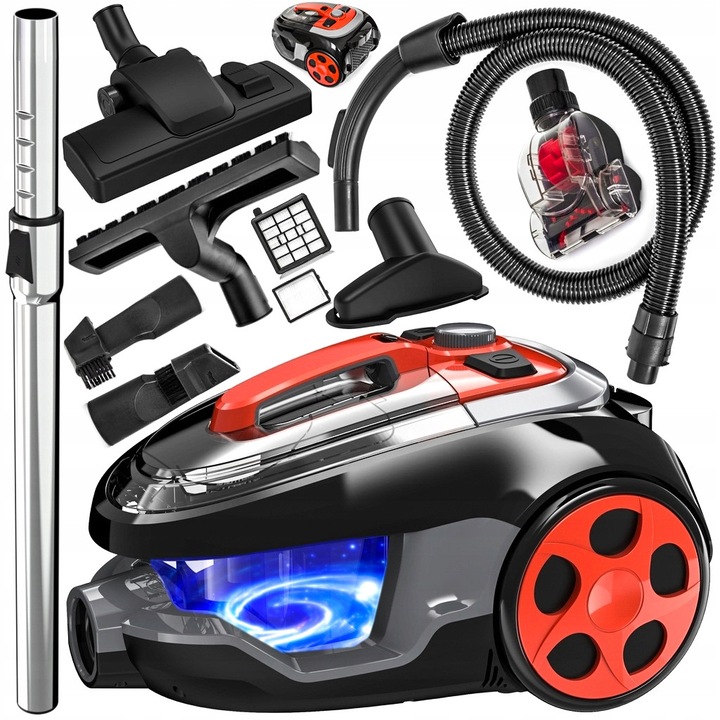 Aspirator ciclonic Lehmann Typhoon, 4000W, fără sac, filtru HEPA, negru/rosu, capacitate 2.5L