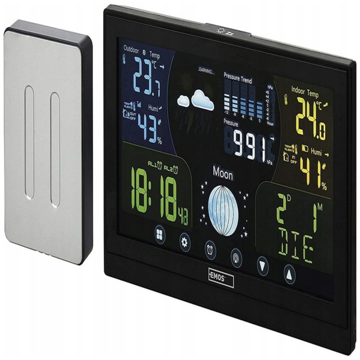 Statie meteorologica wireless Emos, model E6018, 13 functii, negru, 19.2x1.7x12.7cm