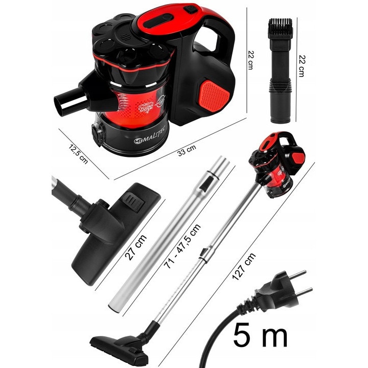 Aspirator de mână MalTec 600W, tehnologie ciclonică, fără sac, capacitate 0,5L, 5 în 1, 45x16x22cm