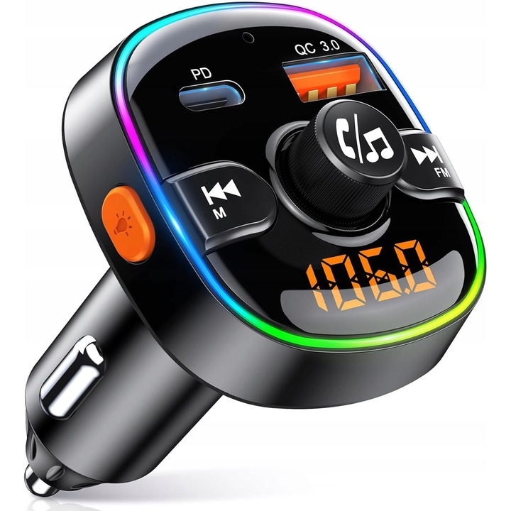FM Bluetooth 5.3 adó, PD 36W QC3.0 18W autós töltő, 7 szín, 12V-24V kompatibilitás