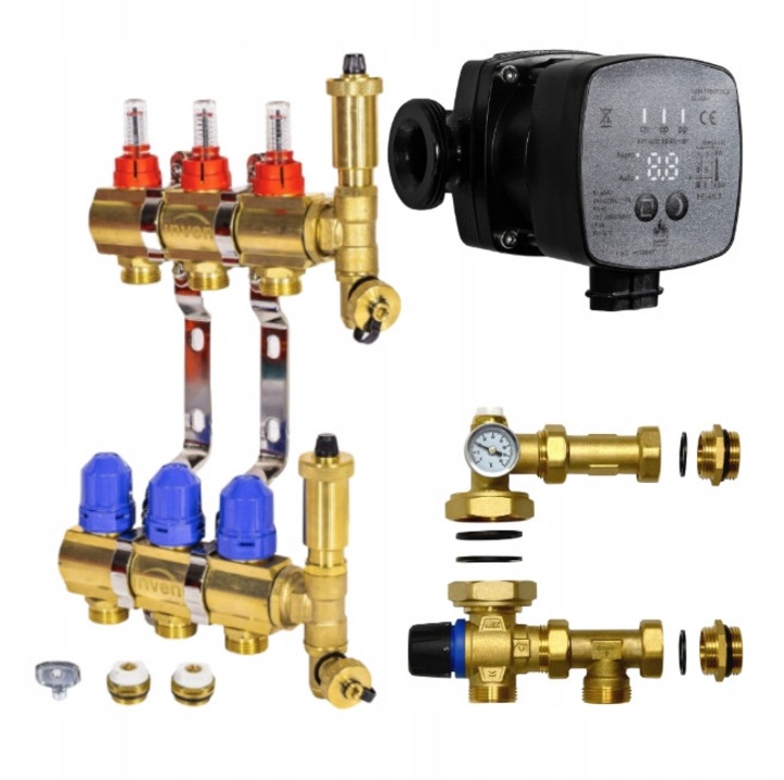 Колектор за подово отопление DAMIX 3 кръга, помпа EPT-ECO 25-60/130, 20-43°C, 1" G, месингови дръжки