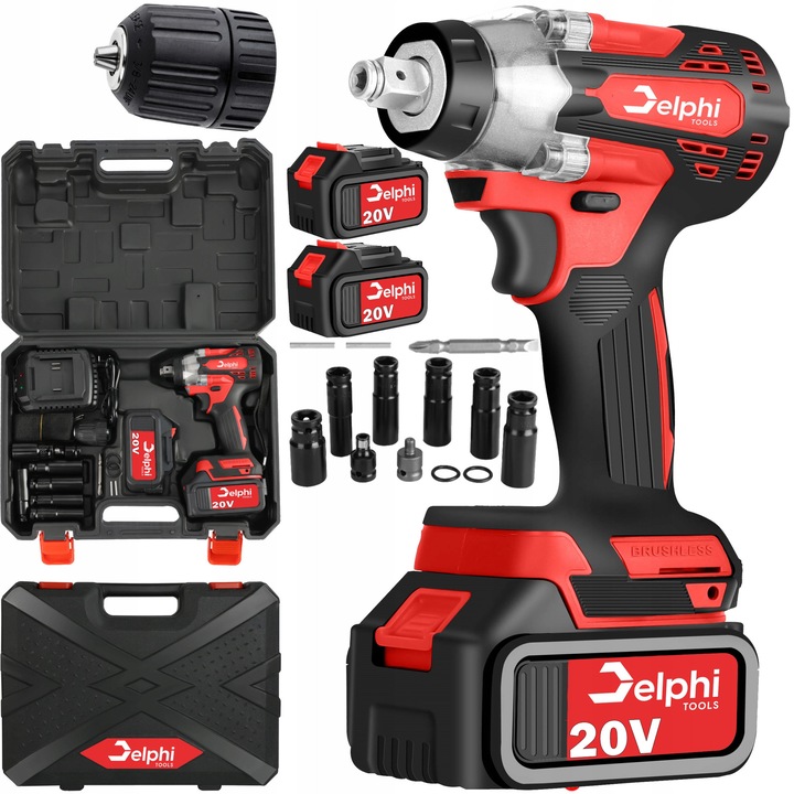 Set cheie cu impact Delphi, 20V, 350Nm, 2 acumulatori, accesorii, valiza