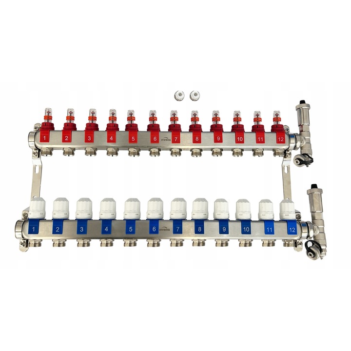 Distribuitor inox pentru incalzire in pardoseala INVENA 7 circuite, accesorii incluse, 90°C, 0,6 MPa