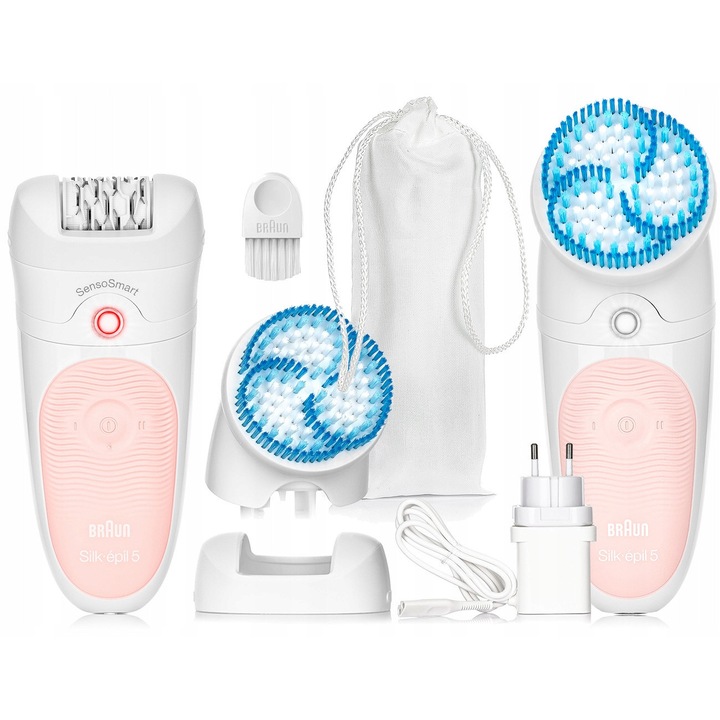 Епилатор Braun Silk-epil 5 SPA Wet&Dry, розов, комплект с козметика, 28 пинсети MicroGrip, водоустойчив