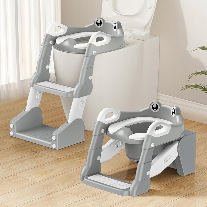 Scaun WC pentru copii, 2 in 1, antiderapant, gri