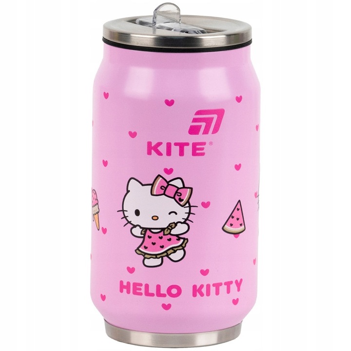 Cana termica pentru fete 350 ml, cu pai si periuta de curatare, model tip doza, Hello Kitty, roz, Kite