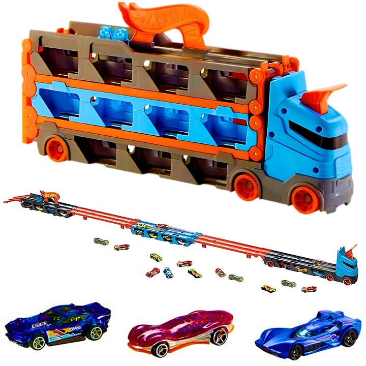 Set Hot Wheels Transporter cu 3 masinute, 180 cm, pentru copii 4+