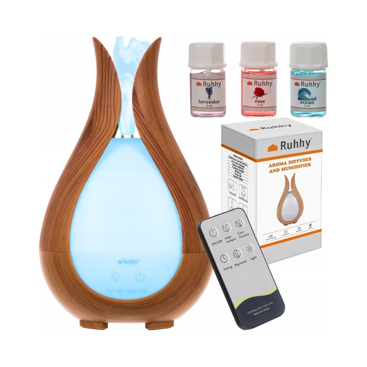Umidificator ultrasonor cu difuzor de aromaterapie si lampa LED, 200ml, 7 culori, set cu 3 uleiuri esentiale, Ruhhy