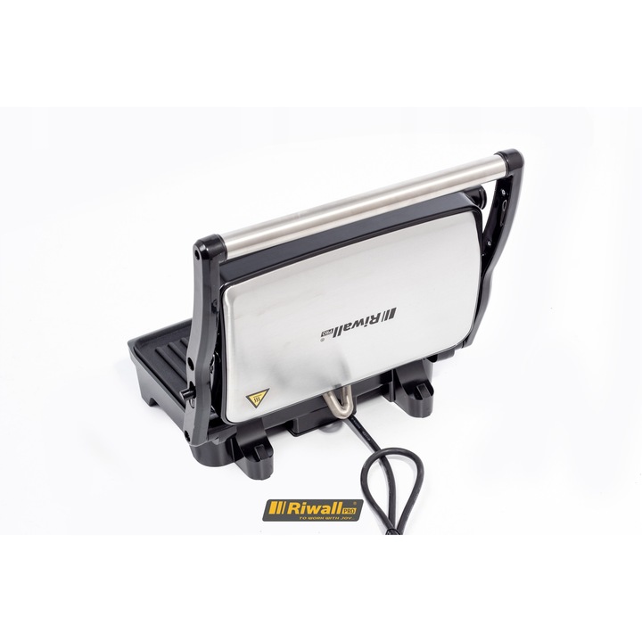 Grill electric Riwall Pro, 2400W, negru-silver, 50x15x33cm, 2-in-1, cu placi antiaderente