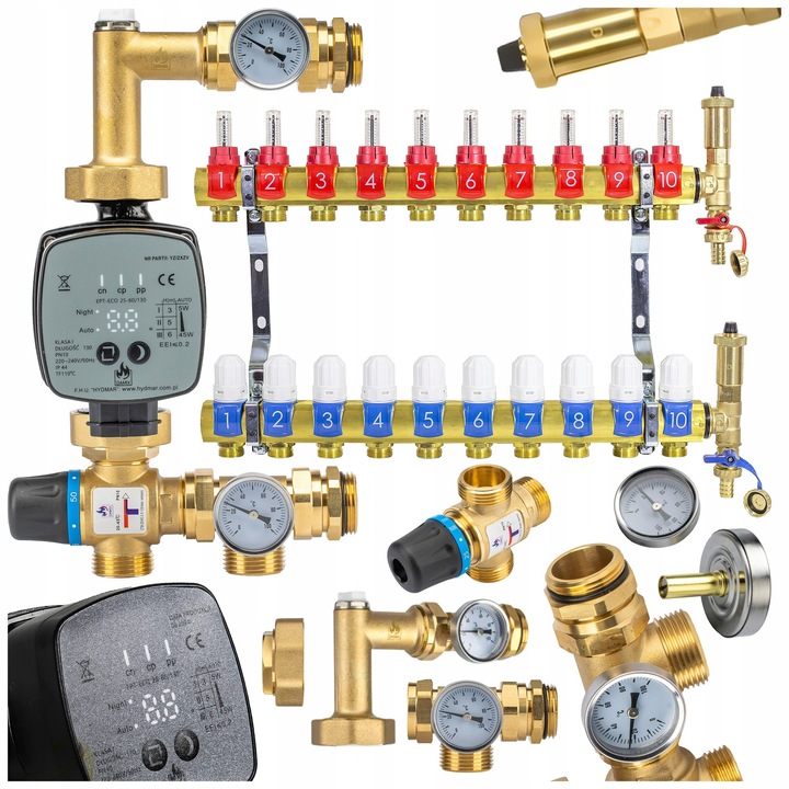 Комплект смесена група и колектор за 10 кръга DAMIX, електронна помпа 9 степени, 20-45°C, размер 235мм, месингова конструкция