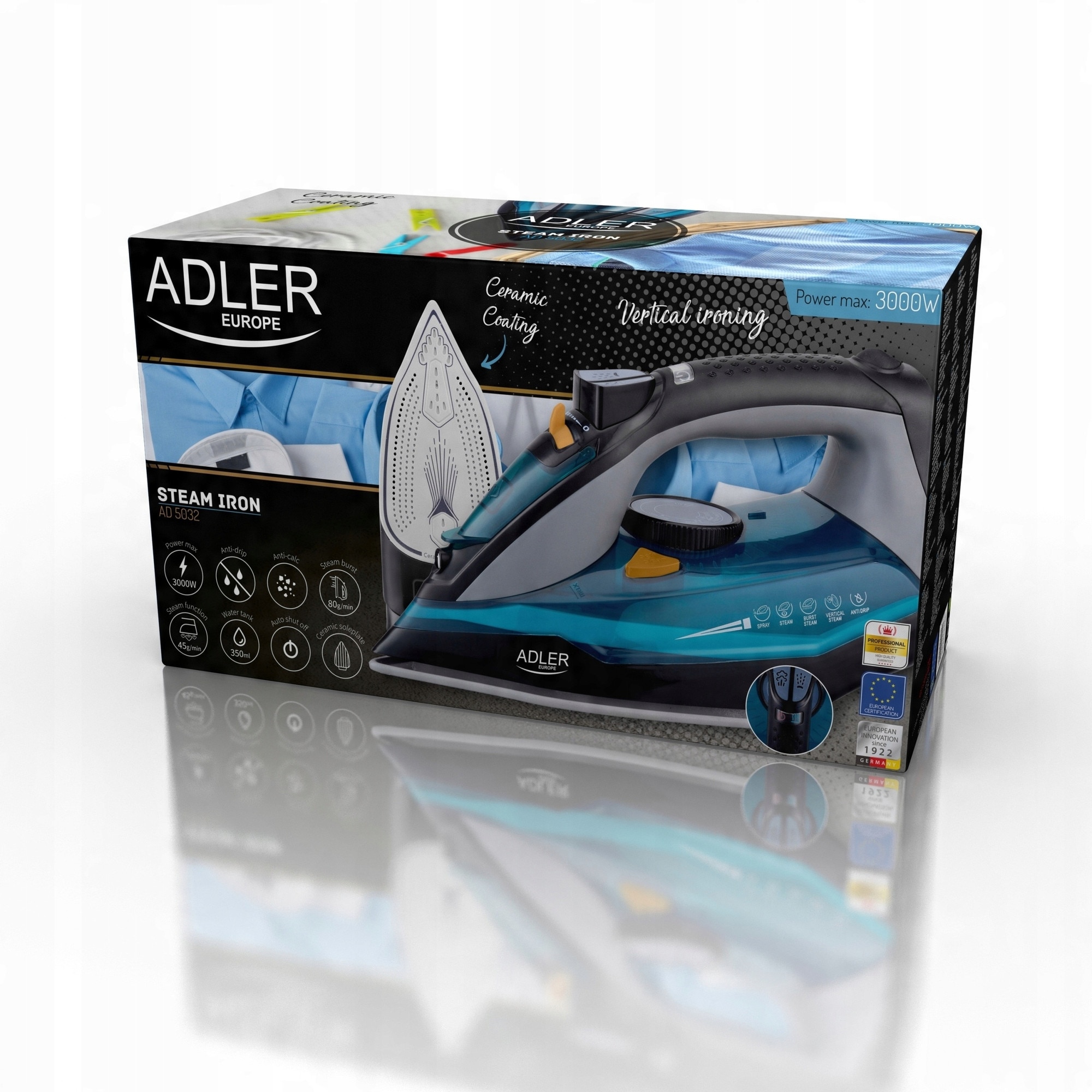 Fier de calcat cu abur Adler AD 5032, 3000 W, ceramica, rezervor 350 ml, sistem de siguranta
