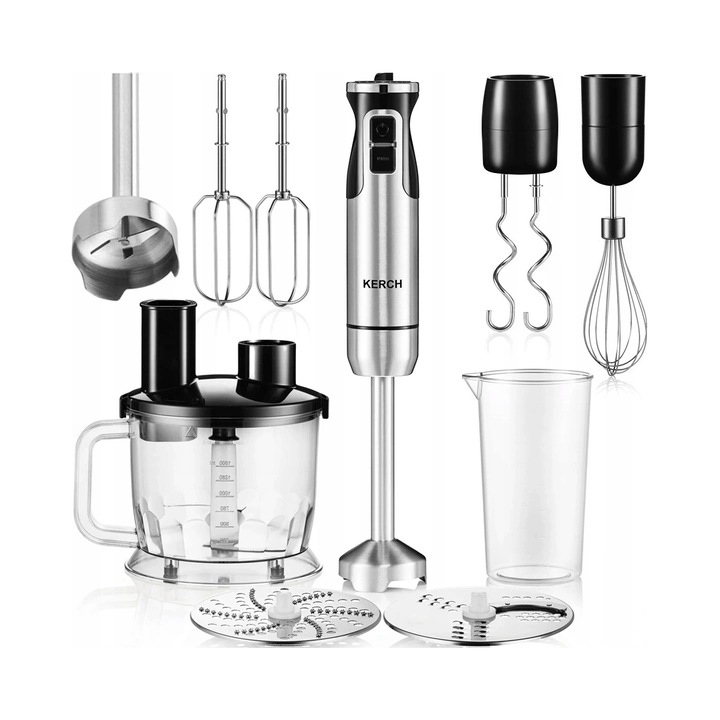 Блендер ръчен Kerch ACTIVE, 800W, 1200W пикова мощност, 8 скорости, комплект с чопър 1500ml и контейнер 600ml, инокс