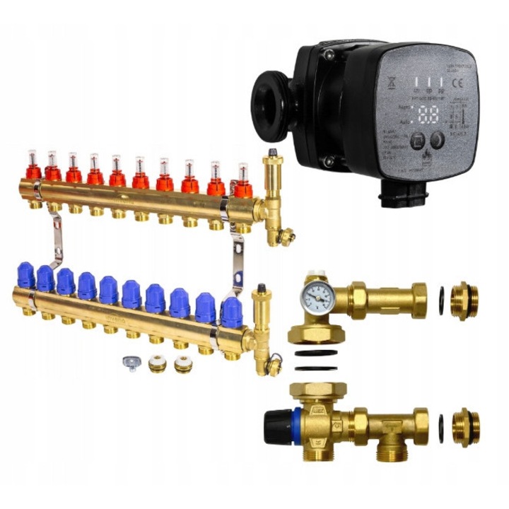 Set distribuitor incalzire in pardoseala 10 circuite cu pompa EPT-ECO 25-60/130, 20-43C, marime standard, din alama