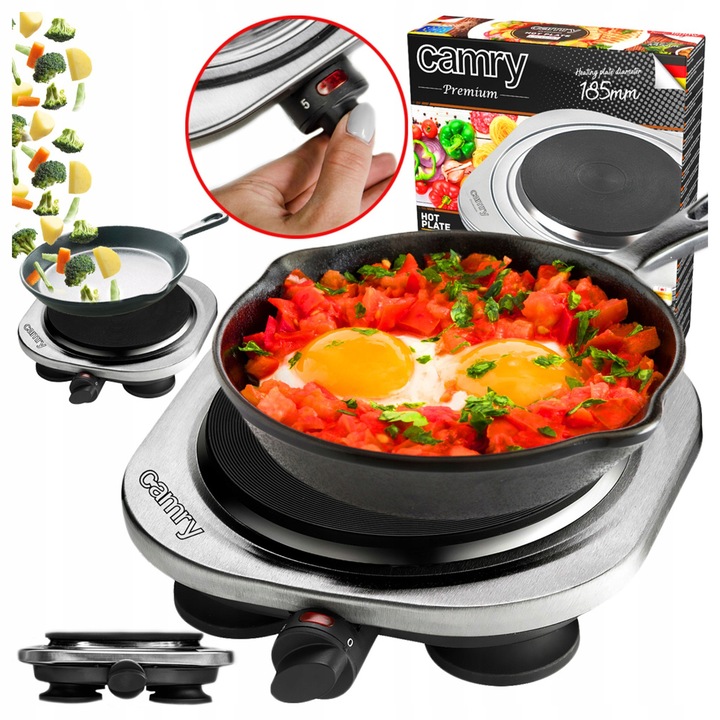 Camry rozsdamentes acél elektromos tűzhely 1500W, 5 fokozatú szabályozás