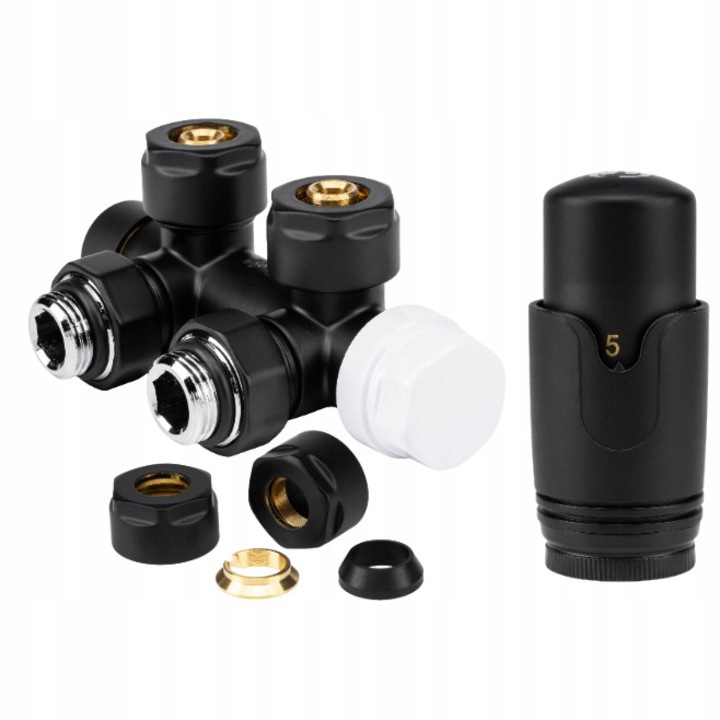 Set termostatic pentru calorifer Damix, cu supapa si mascare, negru mat, 16mm x 15mm