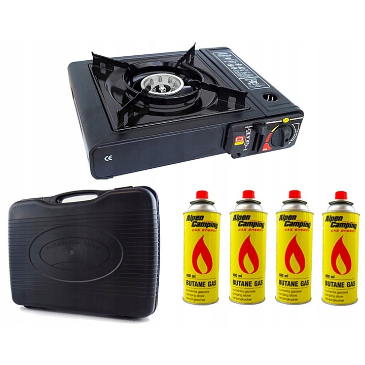 Kemping gázfőző, 2kW, mérete 35x26x10cm, szett 4 patronnal