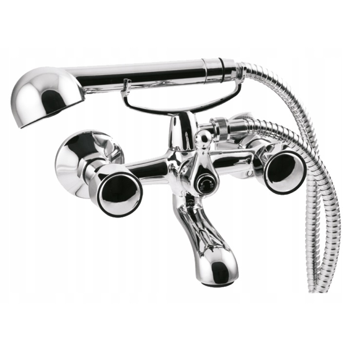 Baterie sanitara Invena, model Modena, dwuuchwyt, crom, set cu furtun si dus, 18x18x23cm