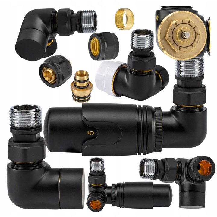 Set termostatic drept, DAMIX, negru mat, cu cap termostatic, racorduri PEX 16mm si Cu 15mm