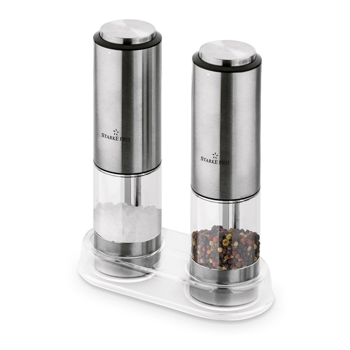 Set 2 rasnite electrice Starke Pro Lipari, inox, cu iluminare LED, 5x5x19cm, 16x7,5x2,5cm